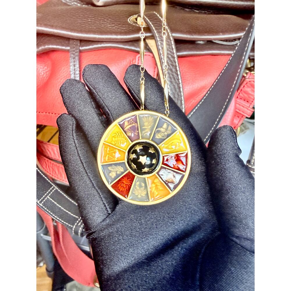Vintage Bob Mackie Zodiac Wheel Pendant / Brooch (28" chain!)